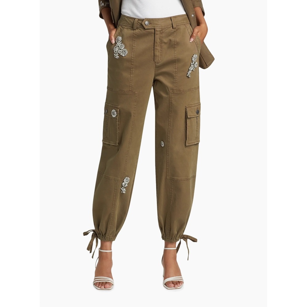 Cinq à‎ Sept Zola Embellished Jogger  Cargo Pants Olive Khaki Ankle Tie Size 2